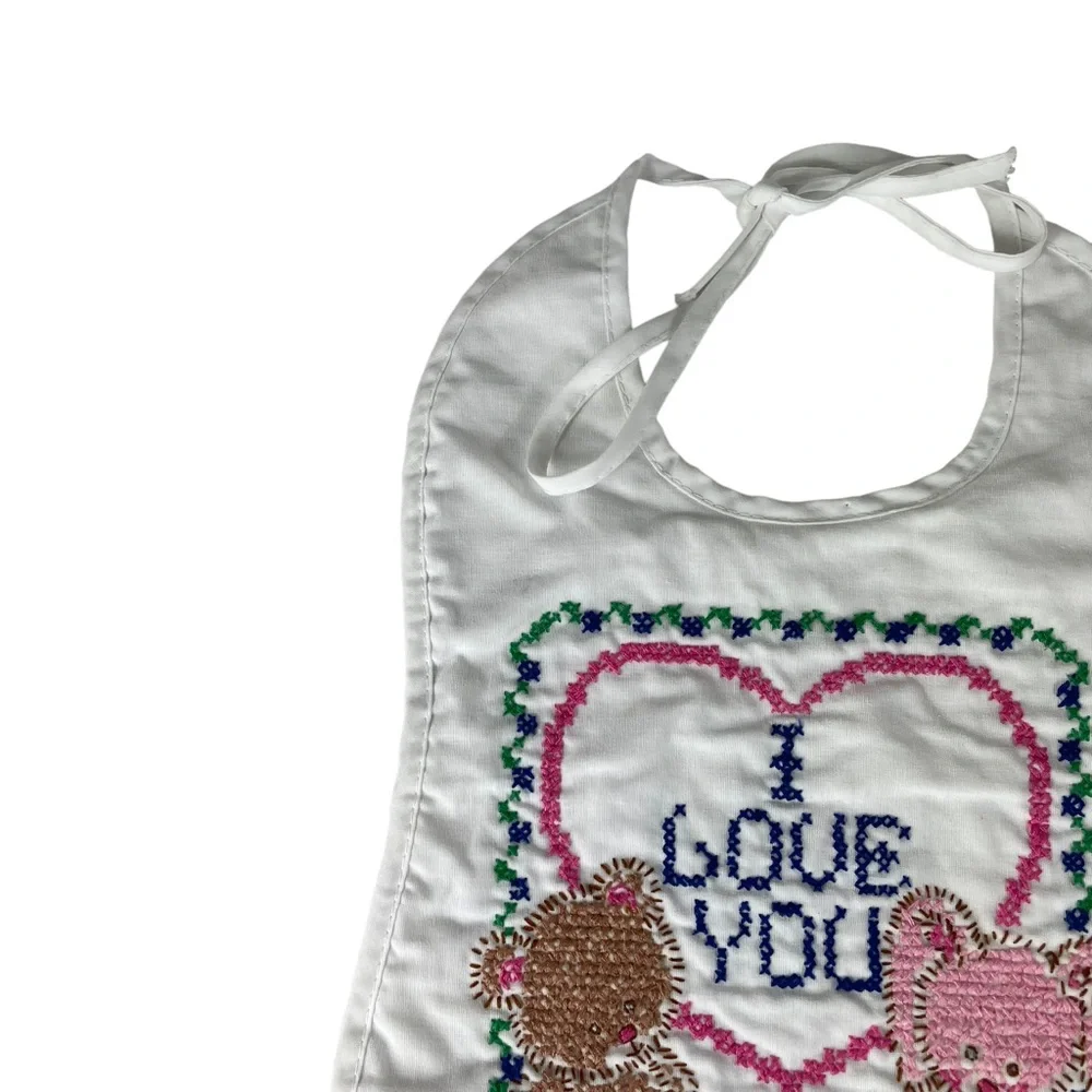 Vintage Handmade Cross Stitch Baby Bib Kitten Bunny Bear I Love You Tie-up Heart